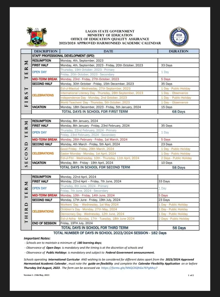 Lagos State School calendar